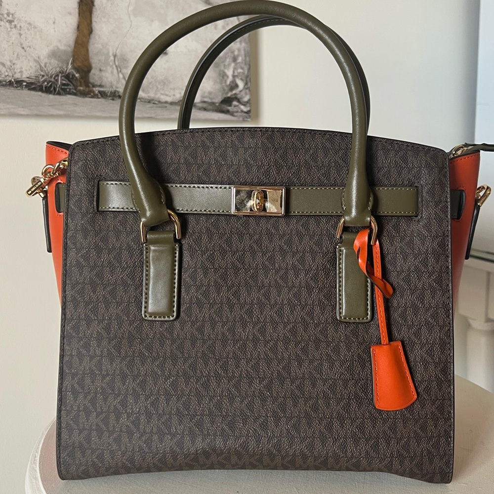 MICHAEL KORS CANVAS PRINT SATCHEL WITH ORANGE AND GREEN DETAILS